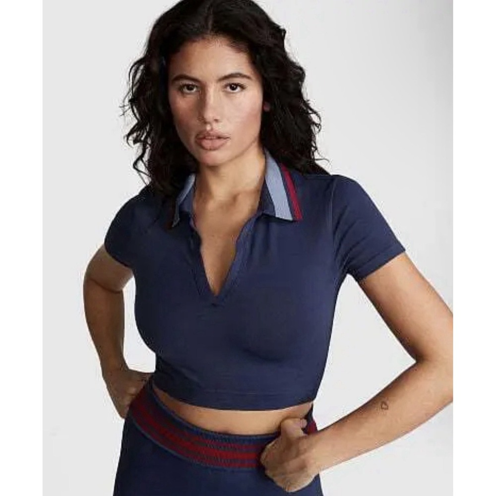 Pink Victorias Secret Polo Tee Womens Size L Soft Seamless Cropped Navy
